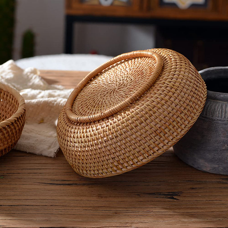 [Australia - AusPower] - Small Round Keys Storage Basket for Entryway Table Tabletop Wicker Catchall Organizer Woven Basket for Keys Wallet Remote Control Cards Crackers Fruit Candy Serving Basket 