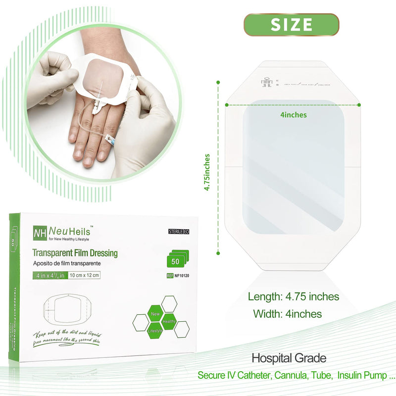 [Australia - AusPower] - Transparent Film Dressing, Waterproof Wound Cover Bandage 4''x4.75'', 50 Packs, Post Surgical Shower or IV Shield, Tattoo Aftercare Bandage, Adhesive Patch by NeuHeils 