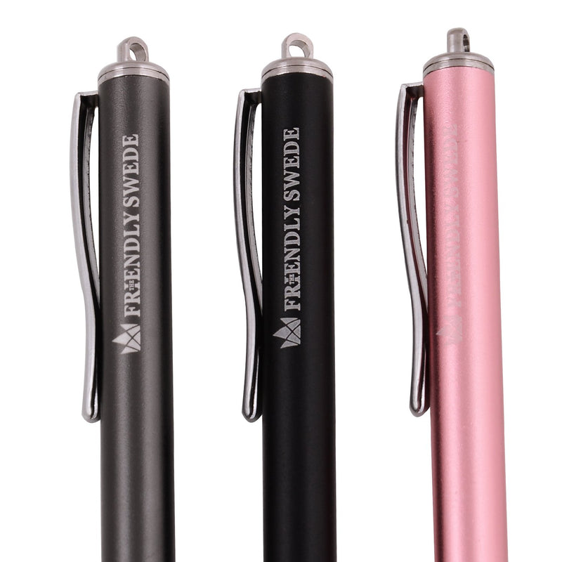 [Australia - AusPower] - The Friendly Swede Stylus Pens for Touch Screens - Micro-Knit Mesh Tip Capacitive Stylus Pen for Tablets and Phone, with Replaceable Fiber Tip Design (3 Pack) Pink + Black + Grey 