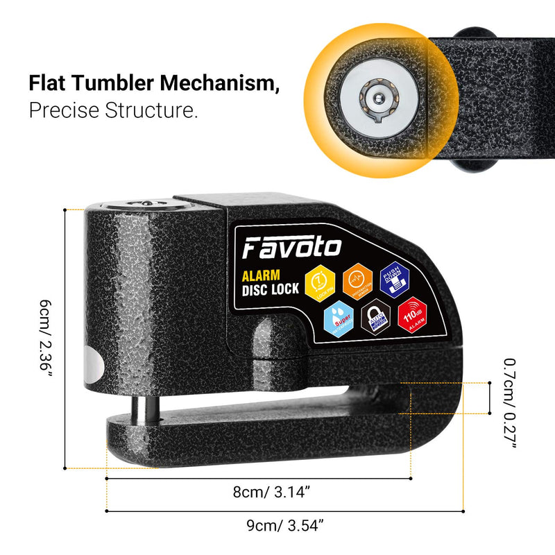[Australia - AusPower] - Favoto Disc Lock Alarm, 110 dB Alarm Sound Disc Brake Padlock for Motorcycle e-Bike Bicycle Scooter, 0.27 inch/7mm Lock Pin with Reminder Cable and Carrying Bag, Black 