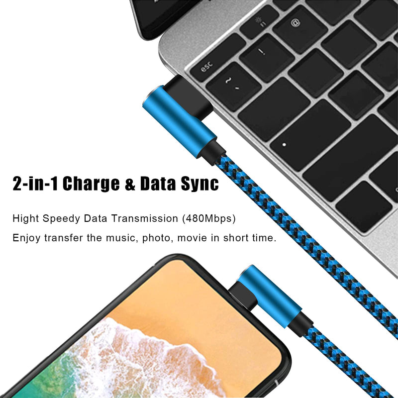 [Australia - AusPower] - finekeep iPhone Charger Cable 10FT 3 Pack 90 Degree Lightning Cable MFi Certified Nylon Braided Right Angled Lightning Charging Cable for iPhone 12/11/11 Pro/XS Max/XR/X/8/7/6 (Blue Black) Blue 