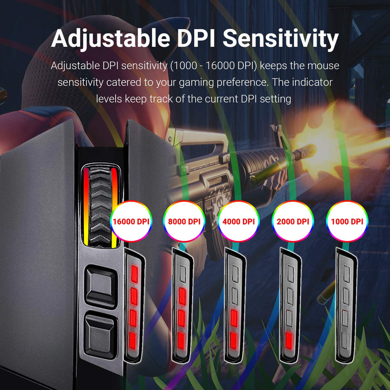 [Australia - AusPower] - Redragon M801 Gaming Mouse LED RGB Backlit MMO 9 Programmable Buttons Mouse with Macro Recording Side Buttons Rapid Fire Button 16000 DPI for Windows PC Gamer (Wireless, Black) Wireless 