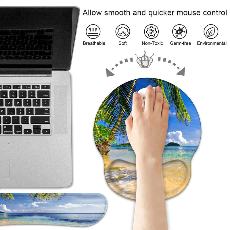 [Australia - AusPower] - Keyboard Wrist Rest and Mouse Pad Wrist Support Set with Coasters, Non-Slip PU Base Ergonomic Gaming Mousepad for Home Office Working Studying Easy Typing & Pain Relief, Shore Palms Tropical Beach 