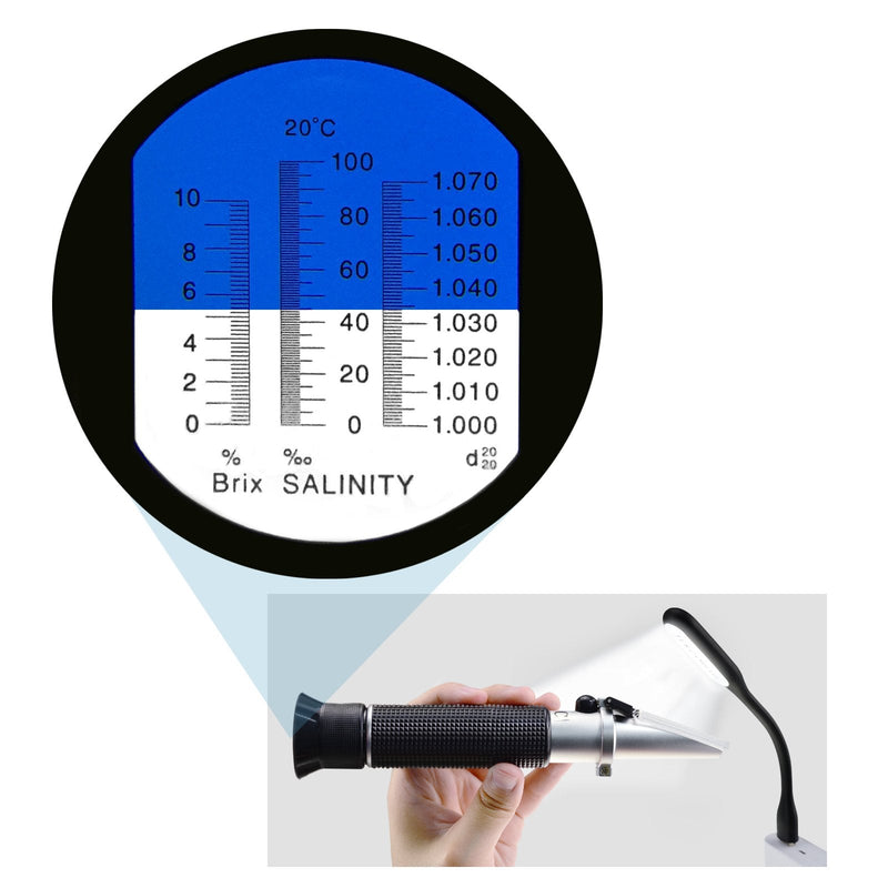 [Australia - AusPower] - Professional Optics Salinity 0-10% Sea Water Refractometer ATC, Dual Scale (1.0 to 1.070 Density / 0-100ppt) for Salt Sea Water Aquarium Tank Marine Industry with LED Light and pipettes 