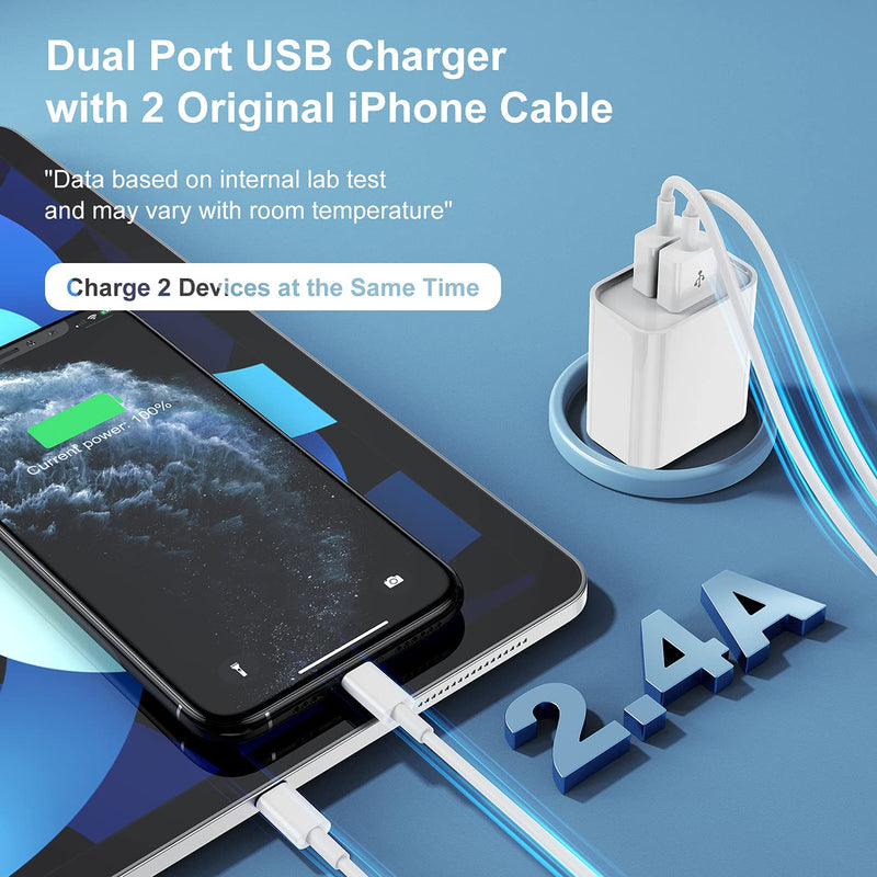 [Australia - AusPower] - iPhone Charger Block and Cord, 2Pack Dual USB Wall Plug Cube with Apple Charging Cable 3ft, iPhone Fast Power Adapter Box for iPhone 12/11 Pro Max/XS/XR/8/7/6/SE/5/iPad Charger Block and Cable Wire White 