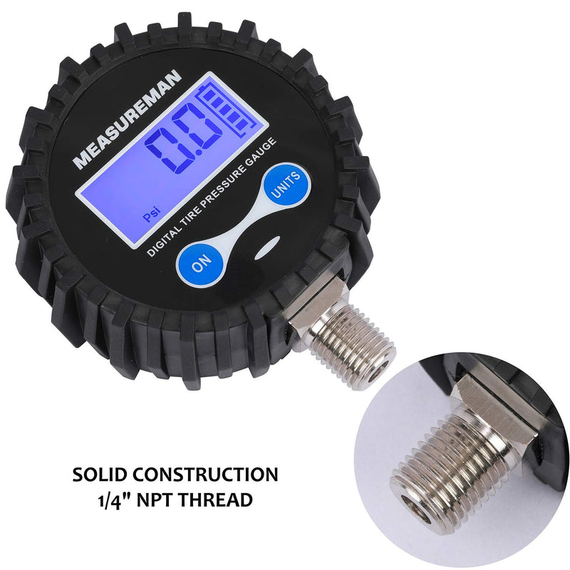 [Australia - AusPower] - Measureman 2-1/2" Dial Size Digital Air Pressure Gauge with 1/4'' NPT Bottom Connector and Protective Boot, 0-200psi, Accuracy 1%, Battery Powered, with LED Light 2.5" 1/4"NPT lower Long thread 0-200psi 