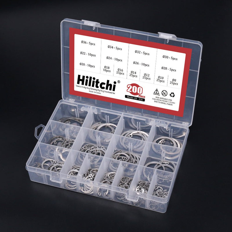 [Australia - AusPower] - Hilitchi 200-Pcs [15-Size] Internal Circlip Snap Retaining Clip Ring Assortment Set - 304 Stainless Steel 