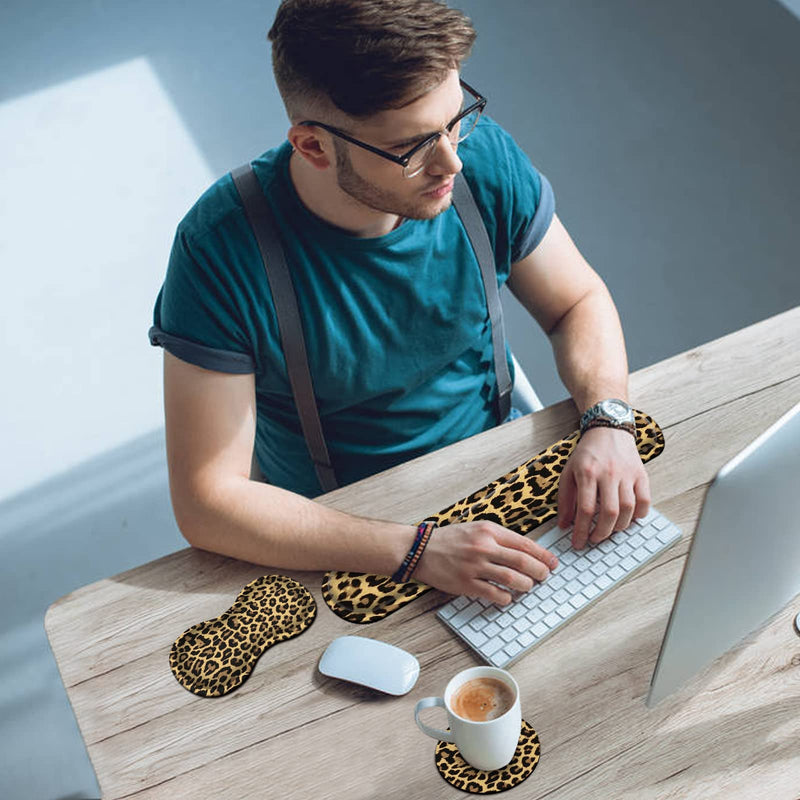 [Australia - AusPower] - Keyboard Wrist Rest + Mouse Wrist Rest + Coaster Set, Ergonomic Memory Foam Easy Typing Pain Relief, Wrist Support Pad for Keyboard and Mouse Computer Laptop, Leopard 