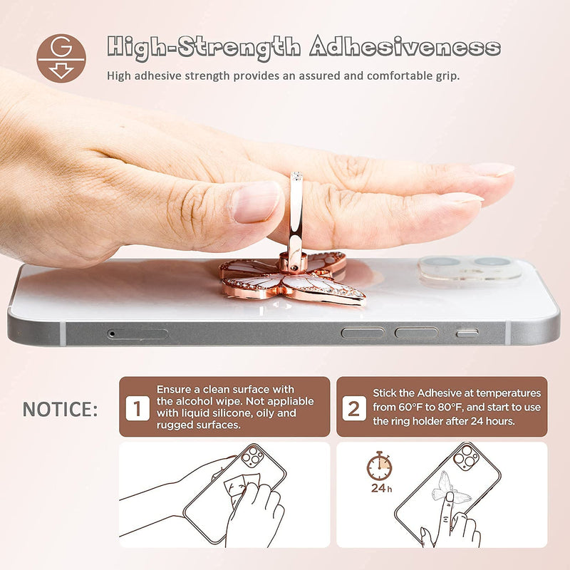 [Australia - AusPower] - Cell Phone Ring Holder Stand with Crystal Stone and Enamel Process, Butterfly 360° Rotation Finger Kickstand Metal Back Stand Hand Grip with Knob Loop Compatible with Smartphone (Gold Pearl White) 