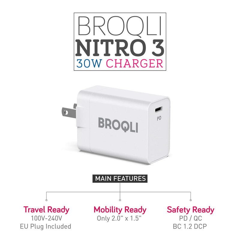 [Australia - AusPower] - BROQLI USB Type C Wall Charger Adapter with EU Plug, 30W Power Delivery 3.0 for Mac Pro/Air 2018, iPad 2018/mini, iPhone 11 12 13 XS/Max/XR/X/8/7/Plus, Galaxy Note10/S10/S9, Pixel 3 XL (White) White 
