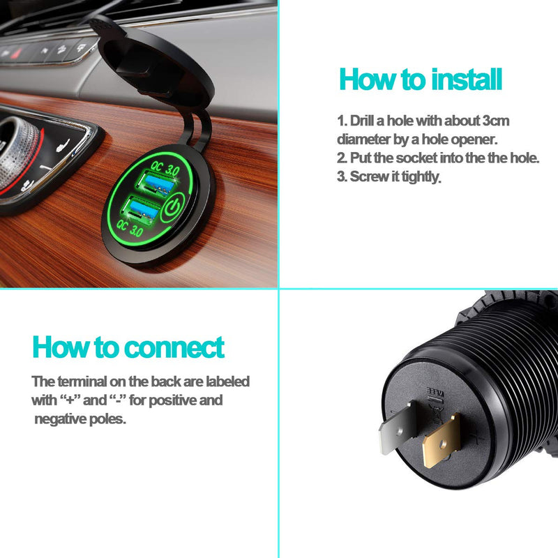 [Australia - AusPower] - YONHAN 12V USB Outlet, Quick Charge 3.0 Dual USB Charger Socket Outlet 36W 12V/24V Motorcycle USB Car with Touch Switch Fast Charger with 10A Wire Fuse Waterproof for Truck Boat Bus Golf Cart Green 