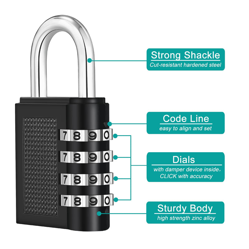 [Australia - AusPower] - ZHEGE Gym Lock, 4 Digit Combination Lock for Locker, Fence, School, Toolbox, Hasp Storage (Black) 1P 1Black 