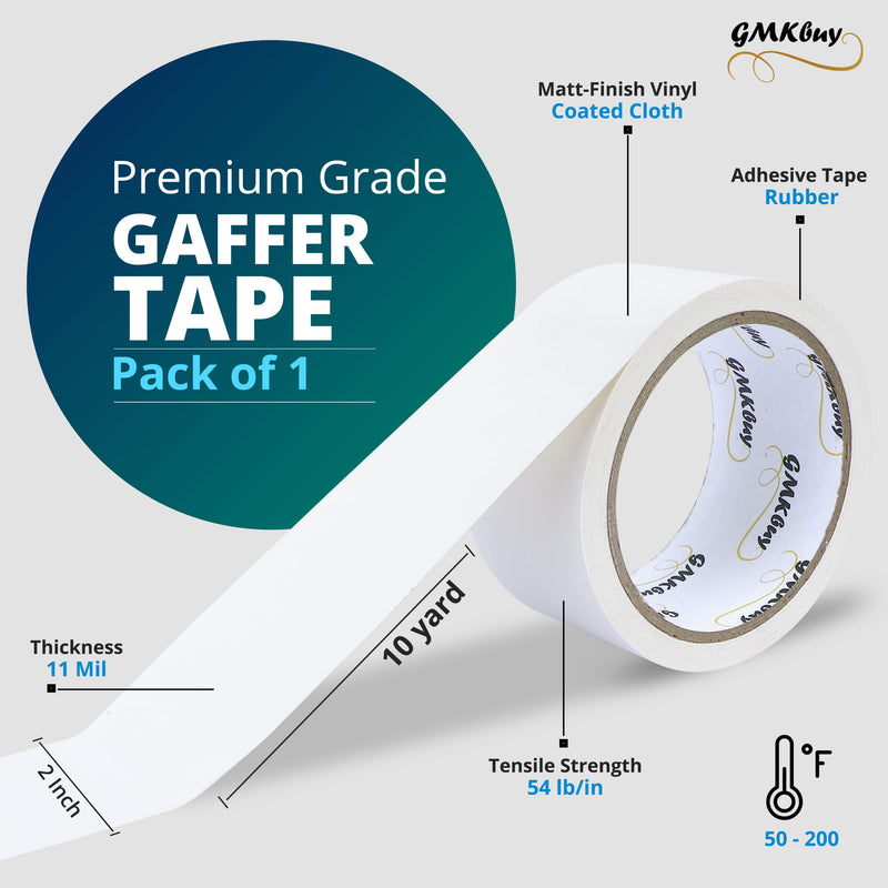 [Australia - AusPower] - GMKbuy Gaffers Tape – 2inch x 10yard Matte White - Heavy Duty, Non-Reflective, Easy to Tear, Leaves No Residue, Waterproof Cloth Gaff Tape to Secure Cords & Wires for Home, Office, & Media Industry 2 Inch x 10 Yard - [1 Pack] 