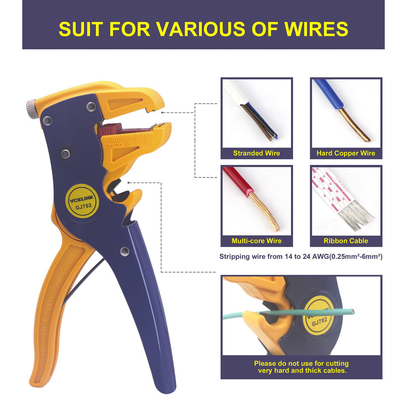 [Australia - AusPower] - VCELINK Automatic Wire Stripper and Cutter, Professional 2 in 1 Adjustable Electrical Cable Wire Stripping Tool&Eagle Nose Pliers (7-Inch) GJ702BL 