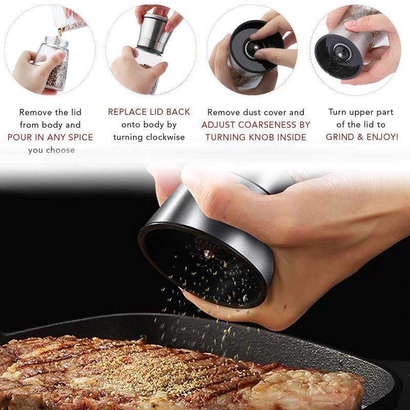 [Australia - AusPower] - LessMo Salt and Pepper Grinder Set with Wooden Standing Tray, Refillable Pepper Mill Set - Brushed Stainless Steel - Short Glass Shakers with Adjustable Coarseness for Peppercorn, Salt or Spice Mill DI 