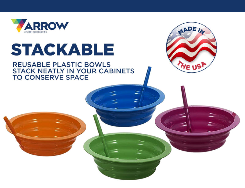 [Australia - AusPower] - Arrow Home Products Sip-A-Bowl Set, 22oz, 4pk - BPA Free Straw Bowls for Kids To Sip Up Every Drop Without the Mess - Made in the USA, Great for Cereal, Ice Cream, Soup, Milk - Assorted Colors Solid Colors may vary 