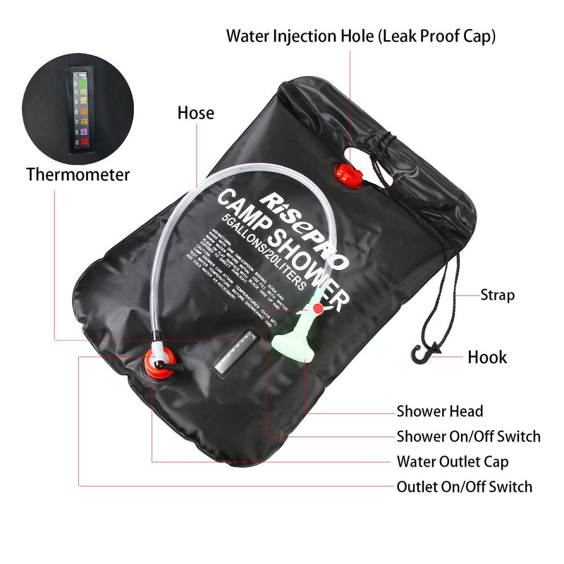 [Australia - AusPower] - RISEPRO Solar Shower Bag, 5 gallons/20L Solar Heating Camping Shower Bag Temperature Indicator Hot Water 45°C Hiking Climbing C1004 