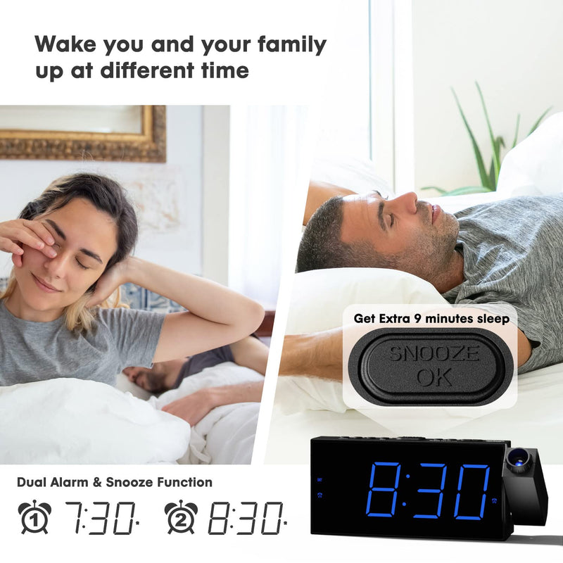 [Australia - AusPower] - Projection Digital Alarm Clock on Ceiling Wall, LED Alarm Clock for Bedrooms with USB Charger Port,180°Projector,Snooze,DST,Dimmer,Dual Loud Alarm Clock for Heavy Sleeper Adults Kids Blue 