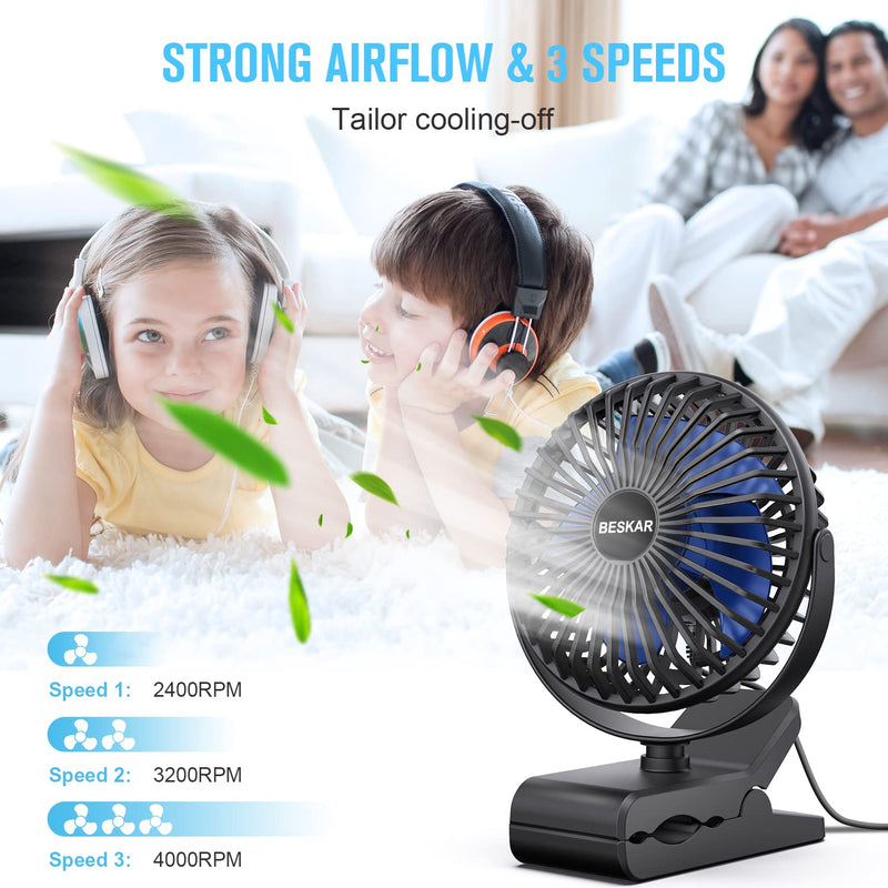 [Australia - AusPower] - BESKAR USB Powered Clip on Fan, 6 Inch Portable Fan with Cord, 3 Speeds Strong Airflow, Small Fan with Sturdy Clamp, Quiet Personal Desk Fan & Clip Fan Black Blue Blades 