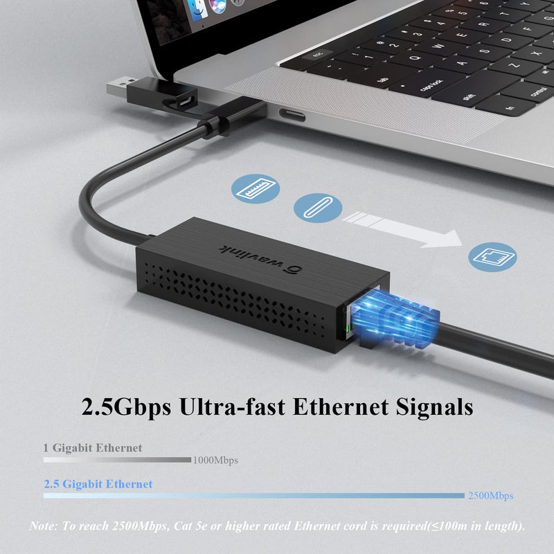 [Australia - AusPower] - USB C to Ethernet Adapter,WAVLINK 2.5G 2-in-1 USB 3.2 Type A/Type C to 2.5 Gigabit RJ45 LAN Network Portable Cable Converter,Compatible for Microsoft Windows, Mac OS, iPadOS and More-Black USB to Ethernet Adapter 