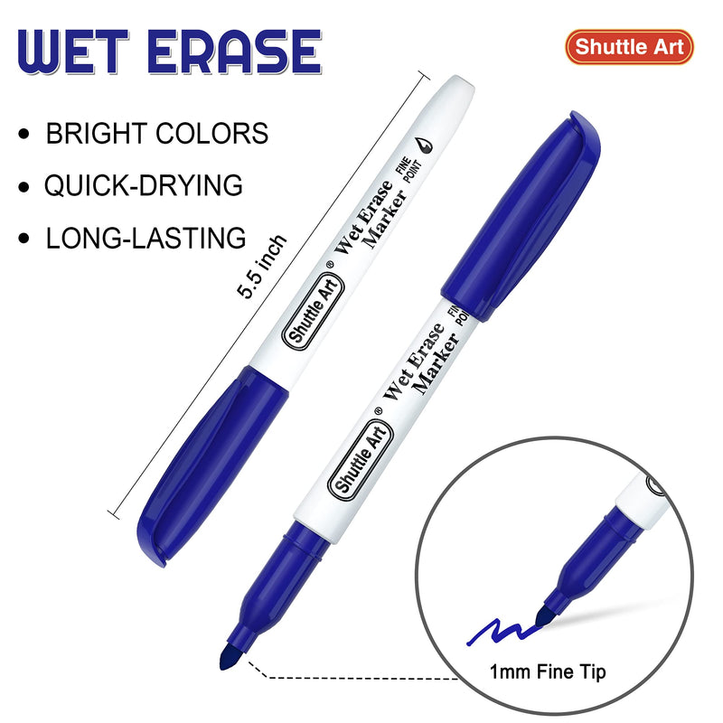 Wet Erase Markers, Shuttle Art 15 Pack Blue 1mm Fine Tip SmudgeFree