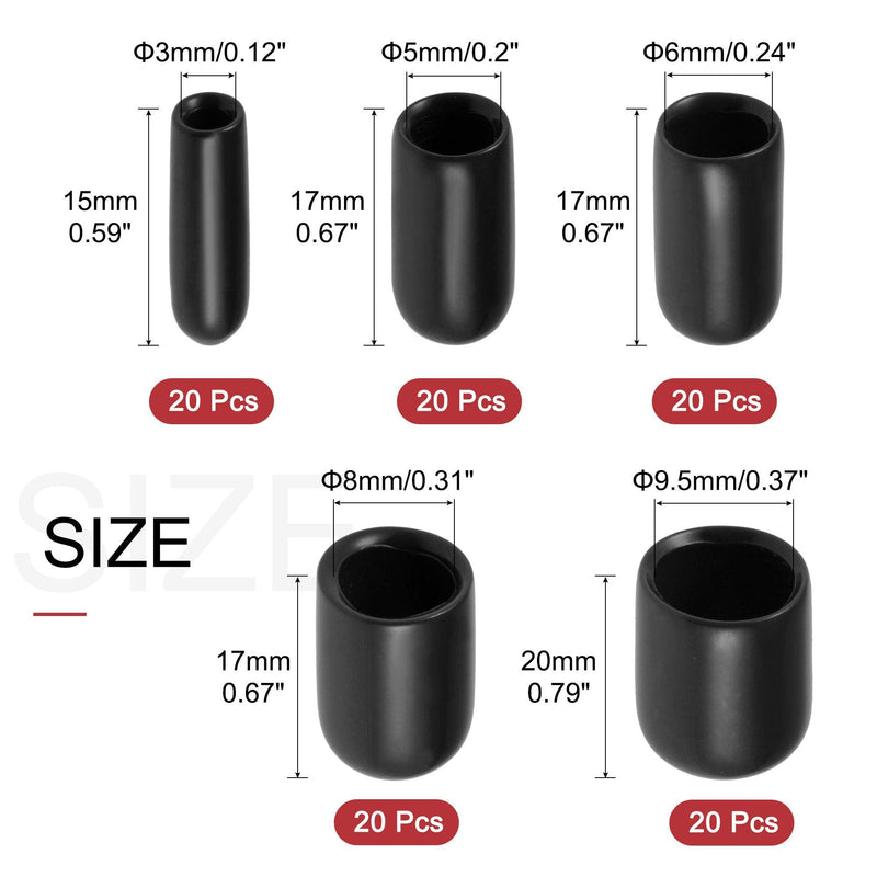 [Australia - AusPower] - uxcell 100pcs Round Rubber End Caps 1/8" 3/16" 1/4" 5/16" 3/8" Black Vinyl Cover Screw Thread Protectors Assortment Kit 