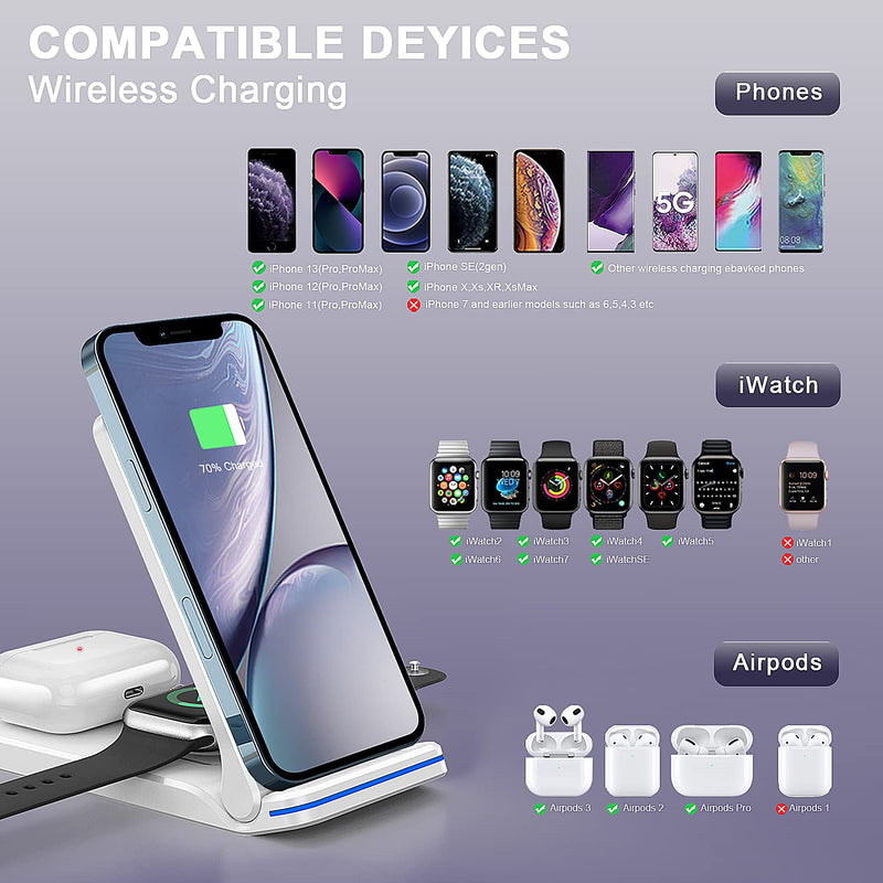 [Australia - AusPower] - Fast Wireless Charger 3 in 1, QTlier Foldable & Portable Charging Dock Stand for iPhone 13,12,11,Pro,XS,XR,X,8 Plus,8, Compatible with Apple Watch Series and AirPods2,Pro with 18W Adapter (White) White 