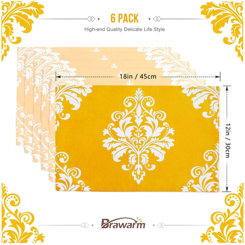 [Australia - AusPower] - BRAWARM Set of 6 Yellow Placemats for Dining Table, Manual Hand Painted Damask Floral Table Mats, Washable Place Mats for Kitchen Table 12 X 18 Inches 12 X 18 Inches - 6Pcs 