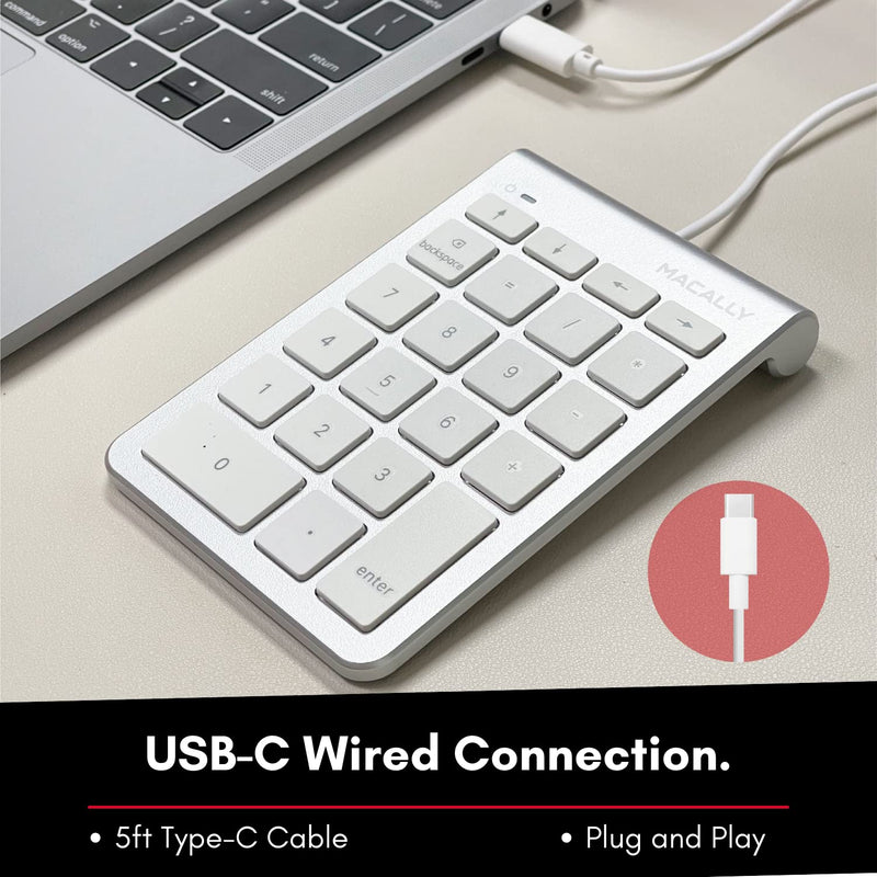 [Australia - AusPower] - Macally Wired USB C Number Pad Keyboard - Type C Numeric Keypad for Laptop, Apple Mac iMac MacBook Pro/Air, Windows PC, or Desktop Computer - 10 Key USB Keypad Numpad with 5 Foot Cable - Silver 