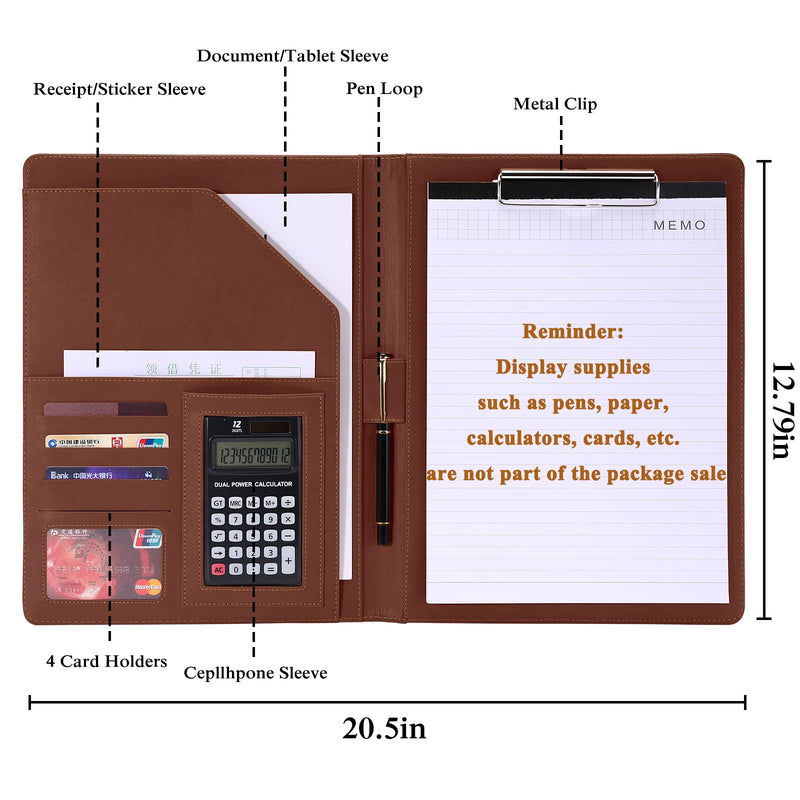 [Australia - AusPower] - Handsome Leather Business Portfolio Folder,Resume Folder-Interview/Legal Document Organizer & Business Card Holder - with Letter Writing Pad,A4 Binder & Office Conference Notepad Clip Boards, Brown 