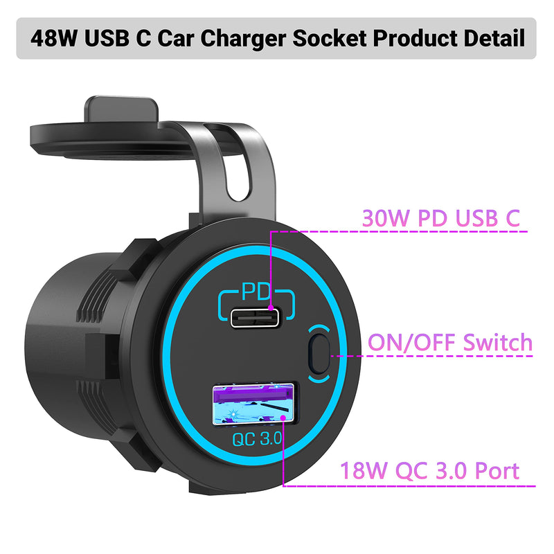 [Australia - AusPower] - 12 Volt USB Outlet, Ouffun USB C Car Charger Socket PD20W USB-C & Quick Charge 3.0 Port with Power Switch and 59'' Wire Waterproof DIY Car USB Port for 12V-24V Car Boat Marine RV Golf Cart Motorcycle 