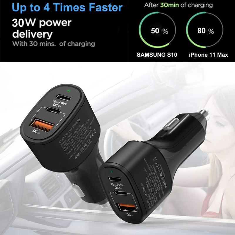 [Australia - AusPower] - USB C Car Charger, 60W 3 Ports Fast Charging Car Adapter with Dual 30W Power Delivery Port & one 22.5W QC3.0 Port, Compatible with iPhone 11 Pro Max XS XR X 10,Samsung Galaxy Note10+,Ipad Pro and More 