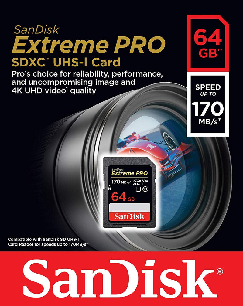 [Australia - AusPower] - SanDisk 64GB Extreme Pro Memory Card works with Olympus TG-5 Waterproof, E-M10 Mark II, E-M1, STYLUS Tough TG-4, TG-870 Digital DSLR Camera SDXC 4K V30 UHS-I with Everything But Stromboli Combo Reader 