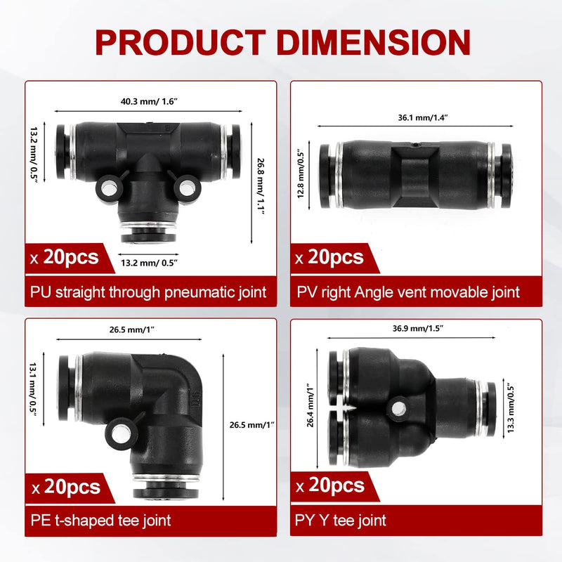 [Australia - AusPower] - ALAVENTE 80 Pcs 1/4” Push to Connect Air Fittings 6mm Pneumatic Fittings Kit Air Line Quick Fittings, Inlcude 20 Spliters + 20 Elbows + 20 Tee + 20 Straight Tubes 