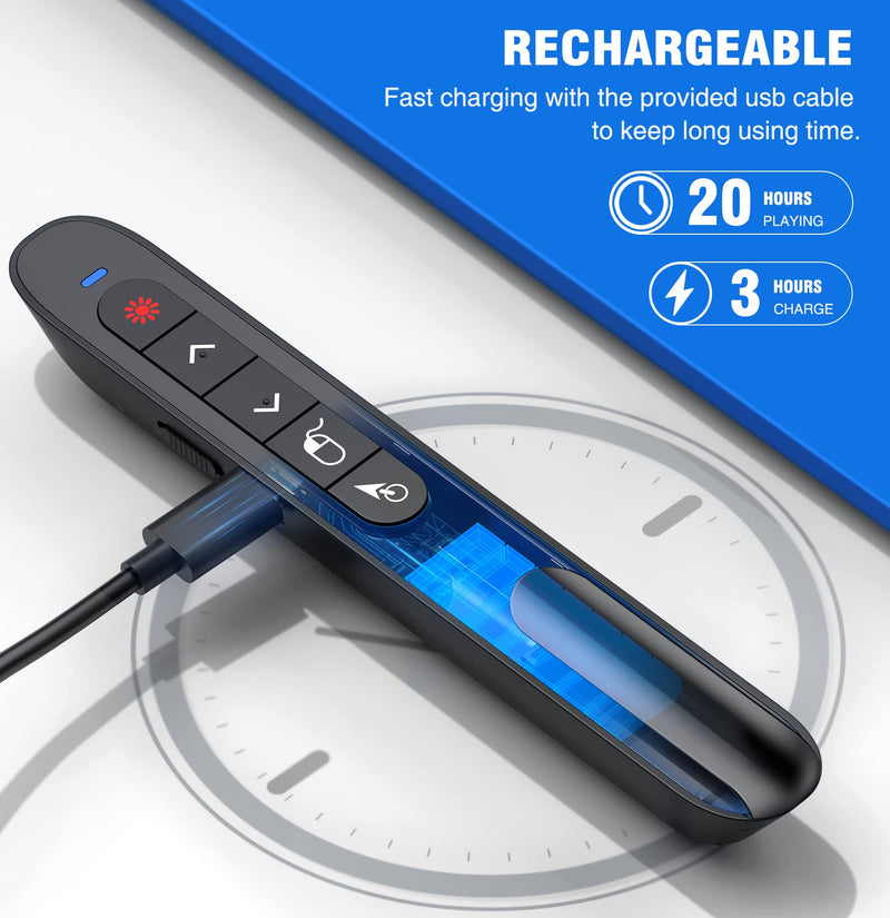 [Australia - AusPower] - DINOSTRIKE Wireless Presenter Remote with Air Mouse Control, Rechargeable USB Presentation Clicker PPT Pointer RF 2.4GZ PowerPoint Clicker Slide Advancer for Computer Laptop Mac Red Laser 