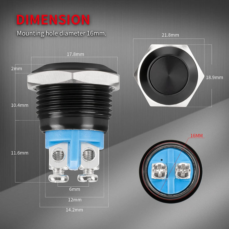 [Australia - AusPower] - DaierTek 12V Round Push Button Switch Waterproof Black Metal 16mm Momentary 1NO SPST DC/AC for Doorbell Horn Handlebar Screw Terminals Flat Button 10pcs 