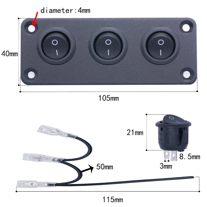[Australia - AusPower] - TWTADE 3 Gang Rocker Switch Panel and Rocker Switch 12V ON/Off Round Rocker Toggle Switch 2Pin SPST 6A/250V 10A/125V AC with Wire for Boat Car Automotive RV KCD1-X-Y-BZ 