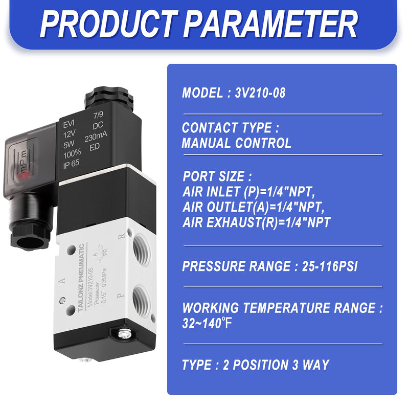 [Australia - AusPower] - TAILONZ PNEUMATIC 1/4"NPT Solenoid Valve 3V210-08 12V/24V/110V/220V Single Coil Pilot-Operated Electric 2 Position 3 Way Connection Type DC12V 