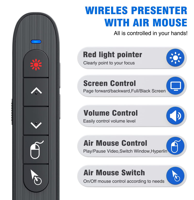 [Australia - AusPower] - DINOSTRIKE Wireless Presenter Remote with Air Mouse Control, Rechargeable USB Presentation Clicker PPT Pointer RF 2.4GZ PowerPoint Clicker Slide Advancer for Computer Laptop Mac Red Laser 