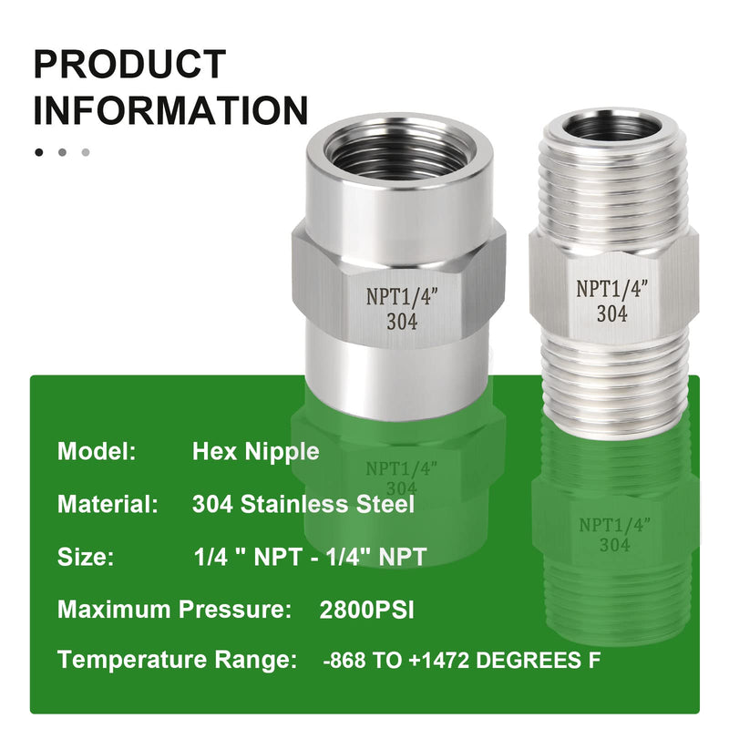 [Australia - AusPower] - TAISHER 304 Stainless Steel Pipe Fitting, Hex Nipple, Coupling,1/4 x 1/4 NPT Male Thread Pipe, 1/4 x 1/4 NPT Female Thread Pipe 1/4" NPT 