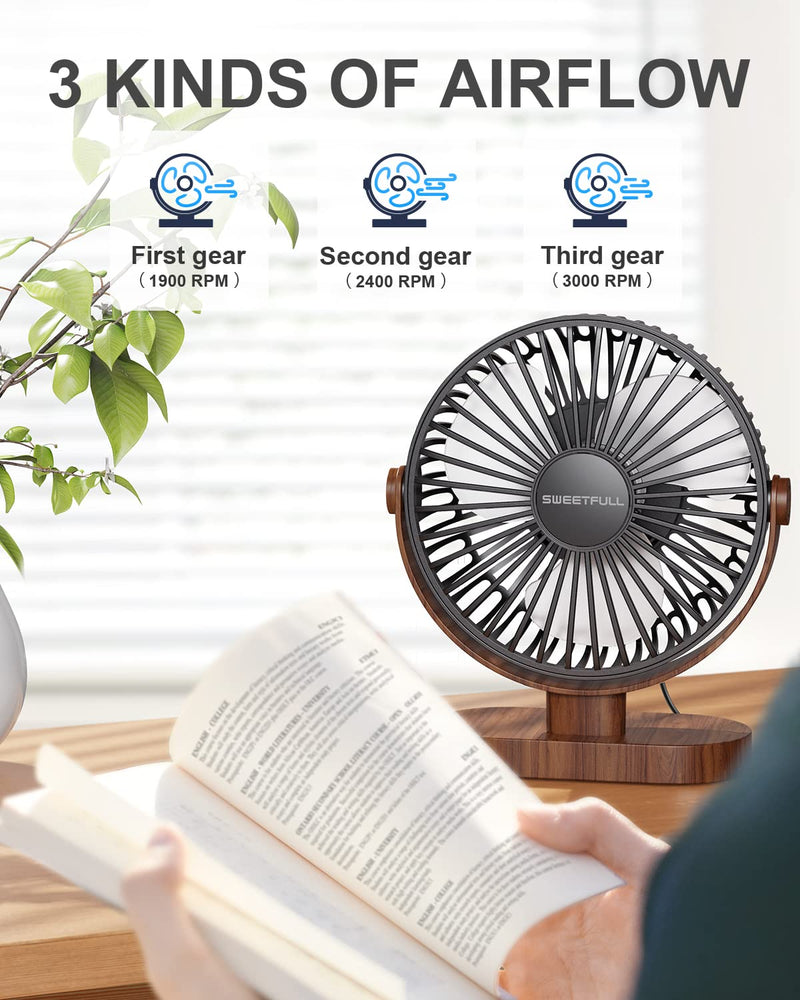 [Australia - AusPower] - SWEETFULL 6.4 Inch USB Small Desk Fan, 3 Speeds Quiet Portable Desktop Table Fan, 360° Adjustment Personal Mini Fan for Home Office Car Outdoor Travel (Black wood grain) Black wood grain 