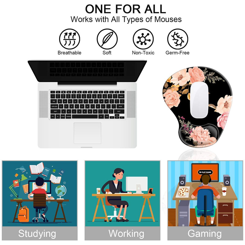 [Australia - AusPower] - Ergonomic Mouse Pad with Gel Wrist Rest Support, HOMKUMY Cute Mouse Pads with Non-Slip Rubber Base Wrist Rest Pad for Home, Office & Travel Easy Typing & Pain Relief, Peony Black 
