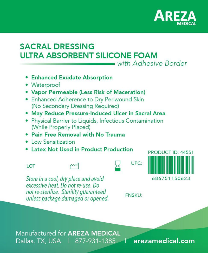 [Australia - AusPower] - Sacral Ultra-Absorbent Silicone Foam Dressing 9.2" X 9.2" Box of 5; Sterile; Wound Dressing By Areza Medical 