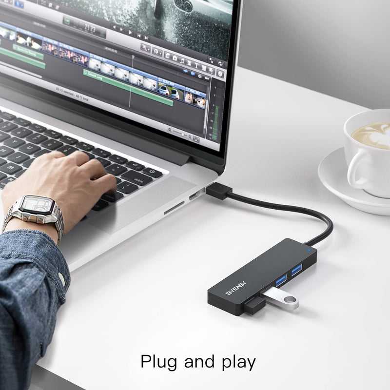 [Australia - AusPower] - USB Hub, BYEASY 4 Port USB 3.0 Hub, Ultra Slim Portable Data Hub Applicable for iMac Pro, MacBook Air, Mac Mini/Pro, Surface Pro, Notebook PC, Laptop, USB Flash Drives, Tesla Model 3 and Mobile HDD 0.8 ft Black 