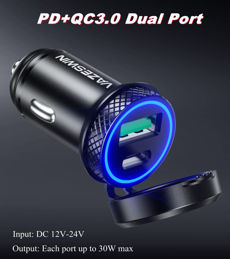 [Australia - AusPower] - VAZESWIN USB C Car Charger, 60W 5A Mini Metal Super Fast Car Charger Adapter, QC3.0&PD Type C Dual Port Quick Charge USB Car Phone Charger with Blue LED Aperture and Protective Cover 