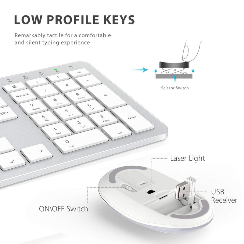 [Australia - AusPower] - iClever GK08 Wireless Keyboard and Mouse - Rechargeable Keyboard Ergonomic Quiet Full Size Design with Number Pad, 2.4G Stable Connection Slim White Keyboard and Mouse for Windows Mac OS Computer Silver 