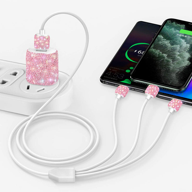 [Australia - AusPower] - Bling USB Wall Charger with Charging Cable,Fast Block for iPhone Android,3-in-1 Multi Charger Cable Micro USB Type C Multiple USB Cord with Crystal Decor,Cell Phone Accessories for Women,Girls (Pink) Pink Charger & Cable 