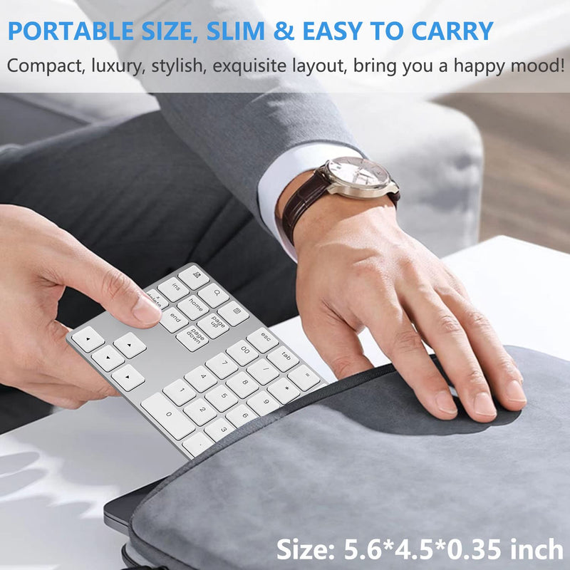 [Australia - AusPower] - Bluetooth Number Pad, Lekvey Aluminum Rechargeable Wireless Numeric Keypad Slim 34-Keys External Numpad Keyboard Data Entry for Laptop, MacBook, MacBook Air/Pro, iMac, Windows, Surface Pro - Silver White and Silver 
