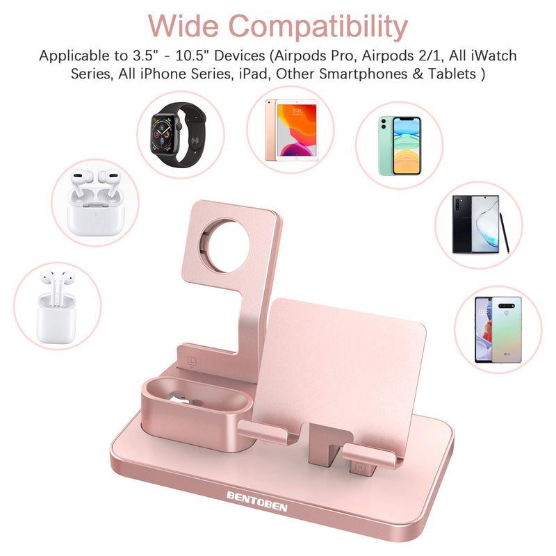 [Australia - AusPower] - BENTOBEN 3-in-1 Charging Stand, Universal Charging Dock Station Compatible for Airpods Pro 2/1 Apple Watch Series 6/5/4/3/2 iPhone 13 12 11 SE2 XSMax XR 8 7 6S Plus Android Smartphone iPad, Rose Gold S022-Rose Gold 