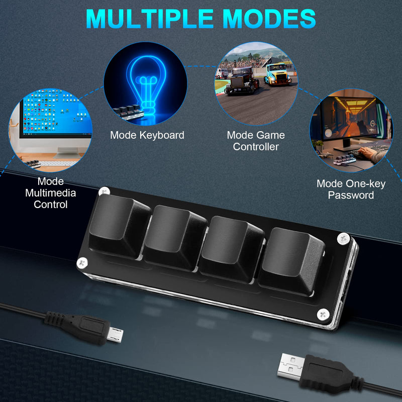 [Australia - AusPower] - Ecarke Black Mini 4-Key Keypad Mechanical Gaming Keyboard, Set by Yourself Programming with 1.5m USB Data Cable（Upgrade Cherry Shaft & RGB LED） 